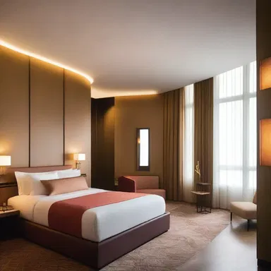 The hotel's interior design featured sleek lines, warm tones, and sensual textures, capturing the essence of estrus and creating an inviting atmosphere for guests.