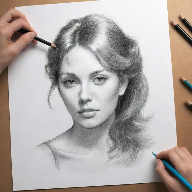 An illustration depicting a sketch being transformed into a finished artwork, highlighting the enhancement in details, depth, and vibrancy with the application of various art techniques.