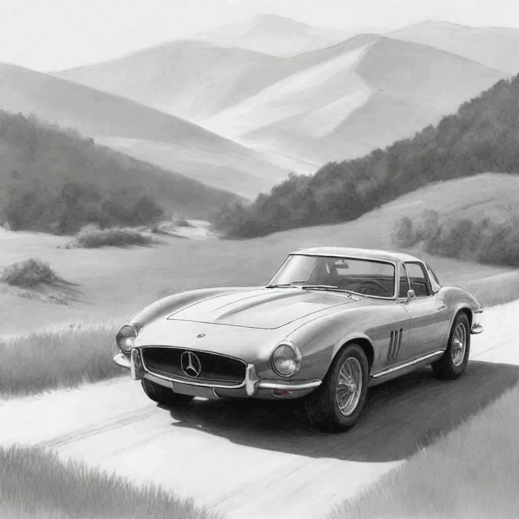 Monochromatic sketch of a dream car on a beautiful landscape