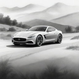 Monochromatic sketch of a dream car on a beautiful landscape