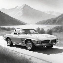 Monochromatic sketch of a dream car on a beautiful landscape