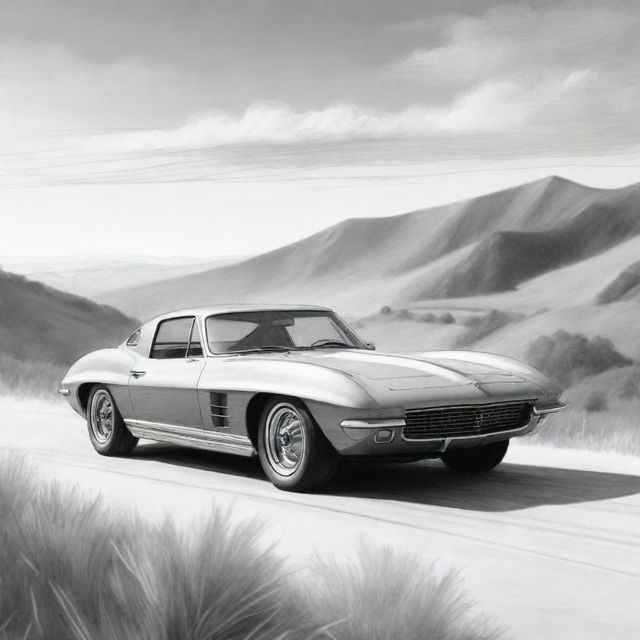 Monochromatic sketch of a dream car on a beautiful landscape