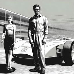 A digital art image capturing a poignant scene of a disgraced racer, his face etched with regret, standing near his old racing car