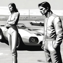 A digital art image capturing a poignant scene of a disgraced racer, his face etched with regret, standing near his old racing car
