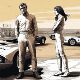 A digital art image capturing a poignant scene of a disgraced racer, his face etched with regret, standing near his old racing car