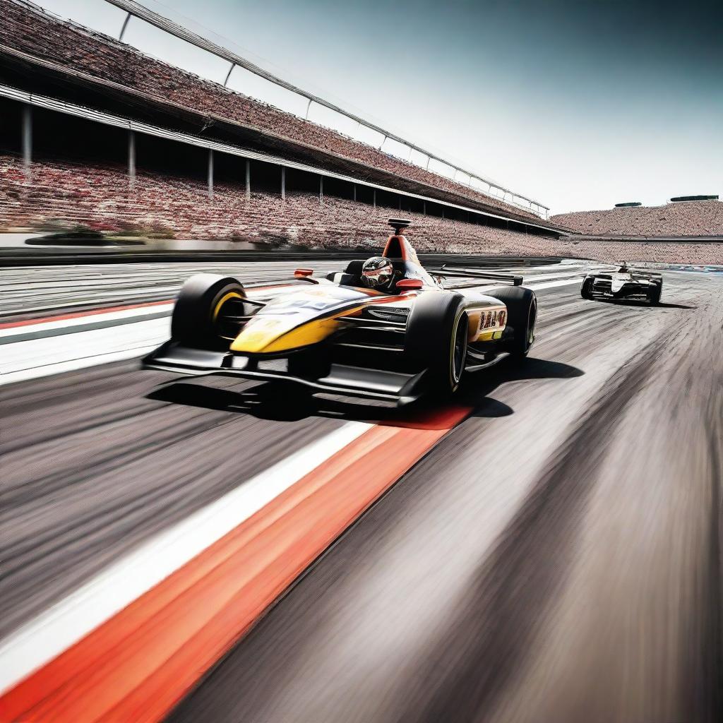 An image of a sleek, high-speed race car zooming down a bustling racing track