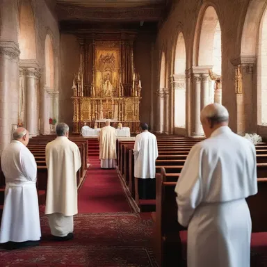 The priest led the congregation in a prayer, facing towards the fore of the church.