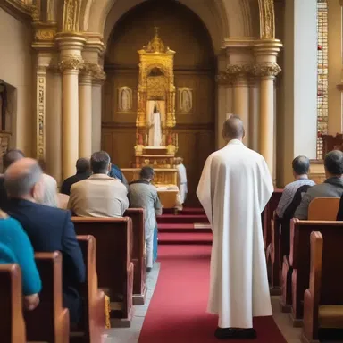 The priest led the congregation in a prayer, facing towards the fore of the church.