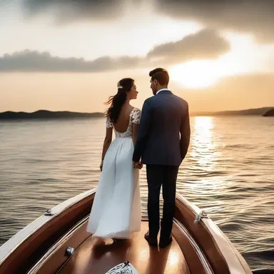 As the sun began to set, the couple stood hand in hand on the fore of the boat, enjoying the breathtaking view together.
