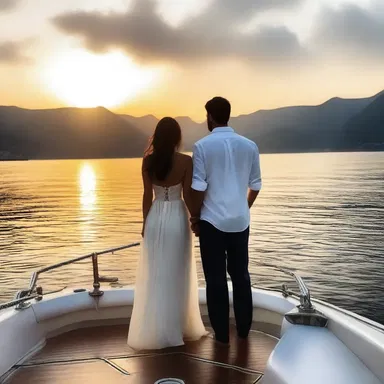 As the sun began to set, the couple stood hand in hand on the fore of the boat, enjoying the breathtaking view together.