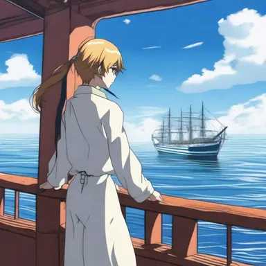 In the popular anime series, the character stood at the fore of the ship, enjoying the view of the open sea.