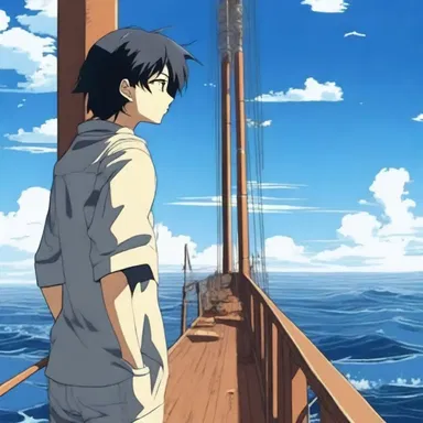 In the popular anime series, the character stood at the fore of the ship, enjoying the view of the open sea.