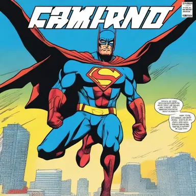 On the cover of the comic book, the superhero proudly stood at the fore of his high-tech aircraft.
