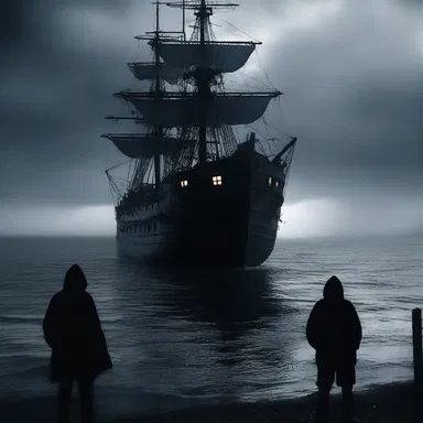 In the terrifying horror movie, as the protagonist approached the haunted ship, they saw a menacing figure standing at the fore, silently watching.