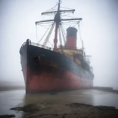 As the eerie mist enveloped the fore section of the abandoned ship, the crew felt an ominous presence lurking within.