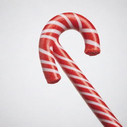 A vibrant, close-up image of a candy cane with intricate red and white stripes, draped artistically over pure white background