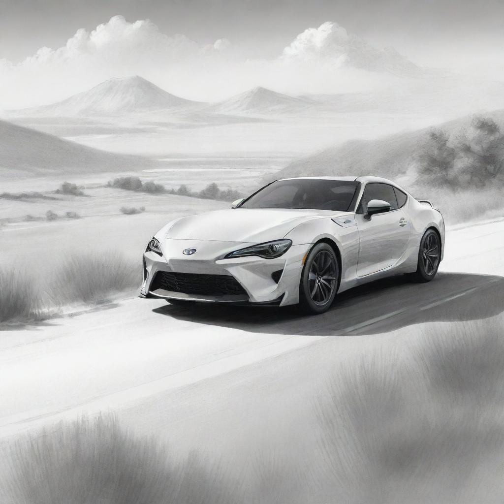 Monochromatic sketch of a dream Toyota car on a beautiful landscape