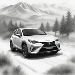 Monochromatic sketch of a dream Toyota car on a beautiful landscape