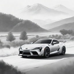 Monochromatic sketch of a dream Toyota car on a beautiful landscape