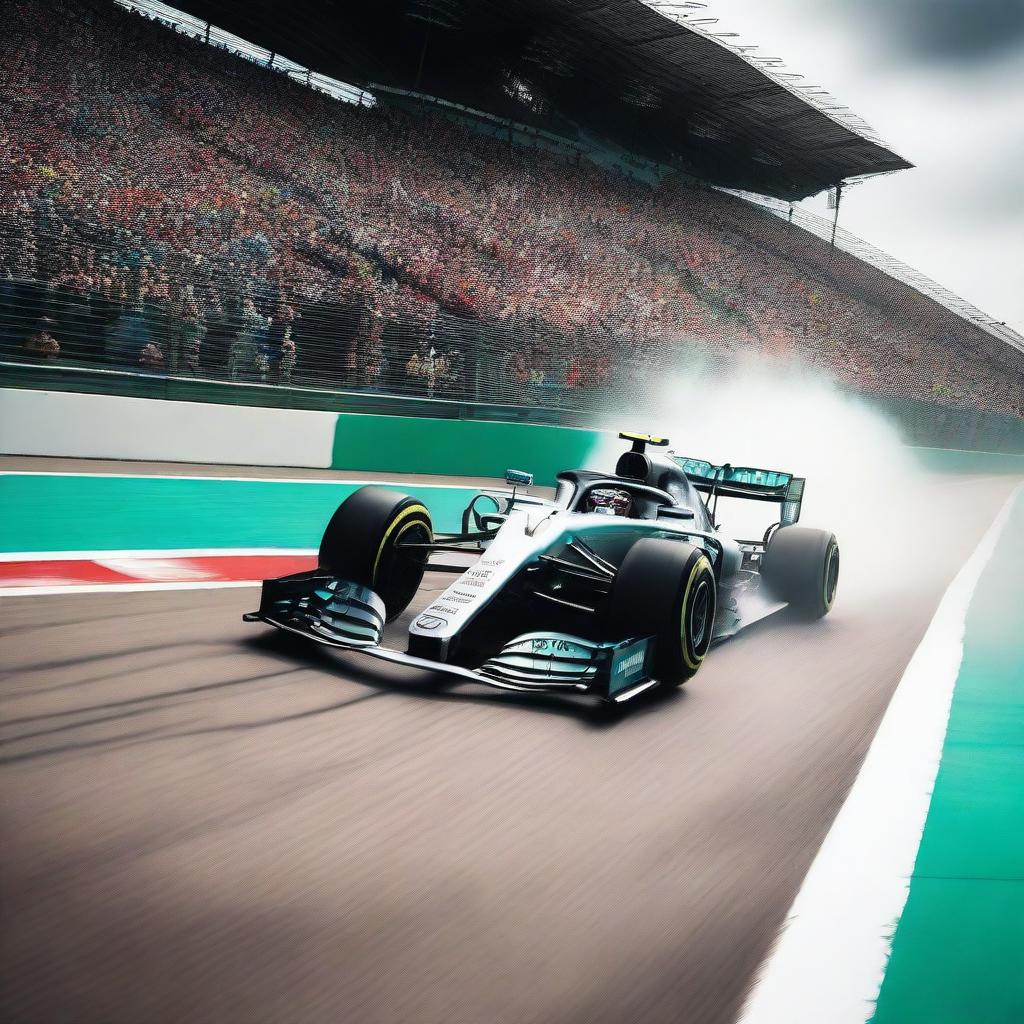 A high-resolution image of the Mercedes-AMG Petronas Formula One race car on a racing track