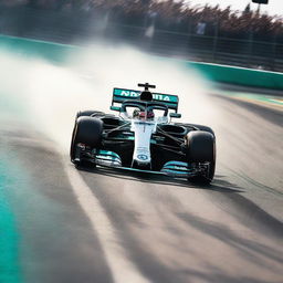 A high-resolution image of the Mercedes-AMG Petronas Formula One race car on a racing track