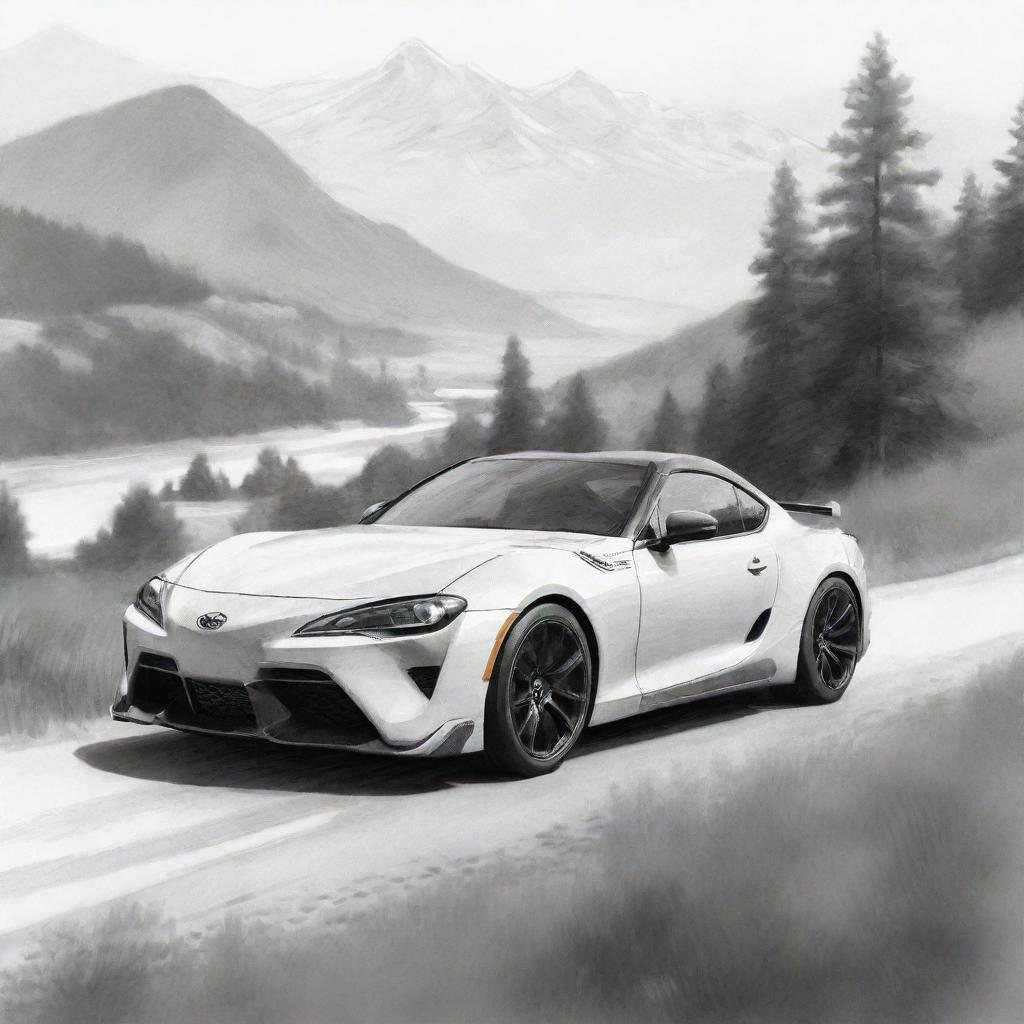 Monochromatic sketch of a dream Toyota car on a beautiful landscape