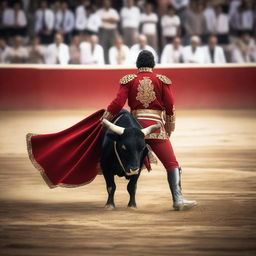 An image capturing the intense scene of a bullfighting arena