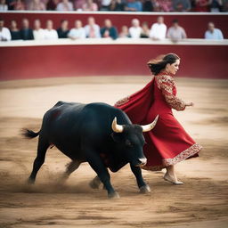 An image of a unique scene in a bullfighting arena, where a teenage girl, instead of the traditional matador, confronts the charging bull