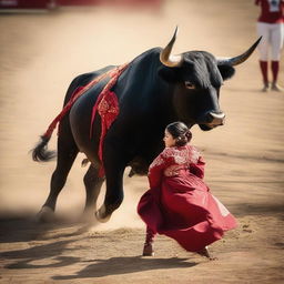 An image of a unique scene in a bullfighting arena, where a teenage girl, instead of the traditional matador, confronts the charging bull