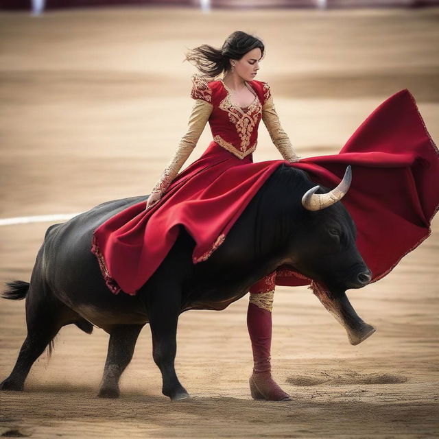 An image of a unique scene in a bullfighting arena, where a teenage girl, instead of the traditional matador, confronts the charging bull