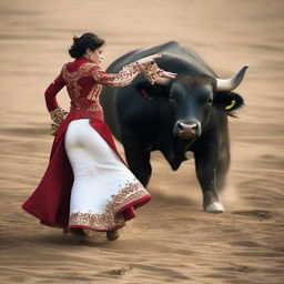 An image of a unique scene in a bullfighting arena, where a teenage girl, instead of the traditional matador, confronts the charging bull