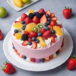 A beautifully prepared cake, topped with colorful icing and garnished with fruits or confectionery decorations, presented on a lovely plate