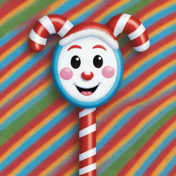 An anthropomorphized, happy candy cane with bright eyes and a wide smile. Its candy stripes are zig-zagging with joy against a festive, colorful background.