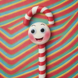 An anthropomorphized, happy candy cane with bright eyes and a wide smile. Its candy stripes are zig-zagging with joy against a festive, colorful background.