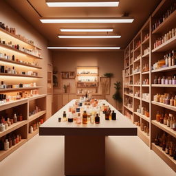 Intimate live perfume creation studio, 10 feet wide, 3 feet long, with interactive crafting tables, shelves of essential oils, and a cozy, immersive ambiance for customers.