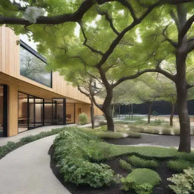 The landscape gardener designed a stunning outdoor space with carefully placed trees, flower beds, and pathways, complementing the architecture of the building.