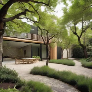 The landscape gardener designed a stunning outdoor space with carefully placed trees, flower beds, and pathways, complementing the architecture of the building.