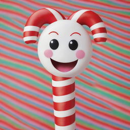 An anthropomorphized, happy candy cane with bright eyes and a wide smile. Its candy stripes are zig-zagging with joy against a festive, colorful background.