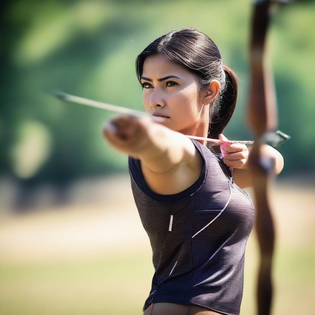 An image of a female archer, poised to release her arrow