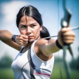 An image of a female archer, poised to release her arrow