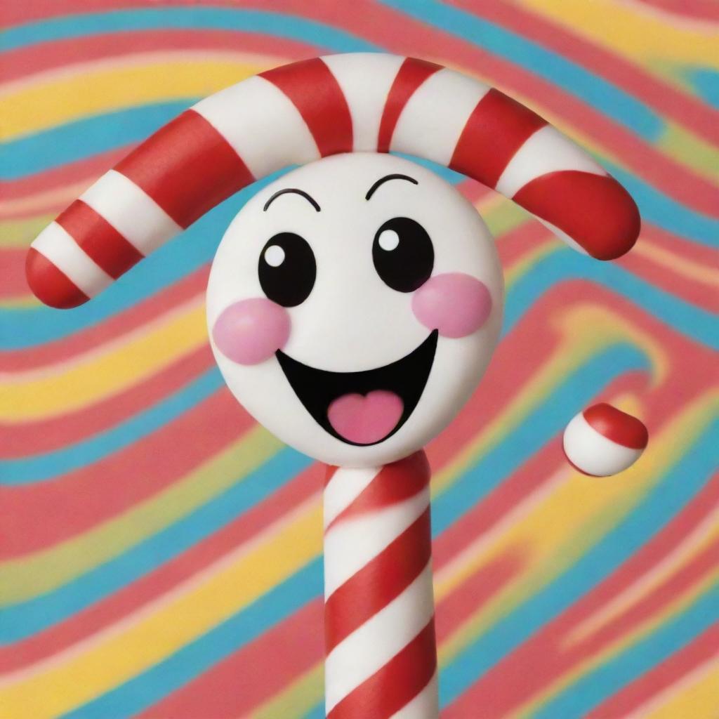 An anthropomorphized, happy candy cane with bright eyes and a wide smile. Its candy stripes are zig-zagging with joy against a festive, colorful background.