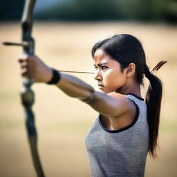 An image of a female archer, poised to release her arrow