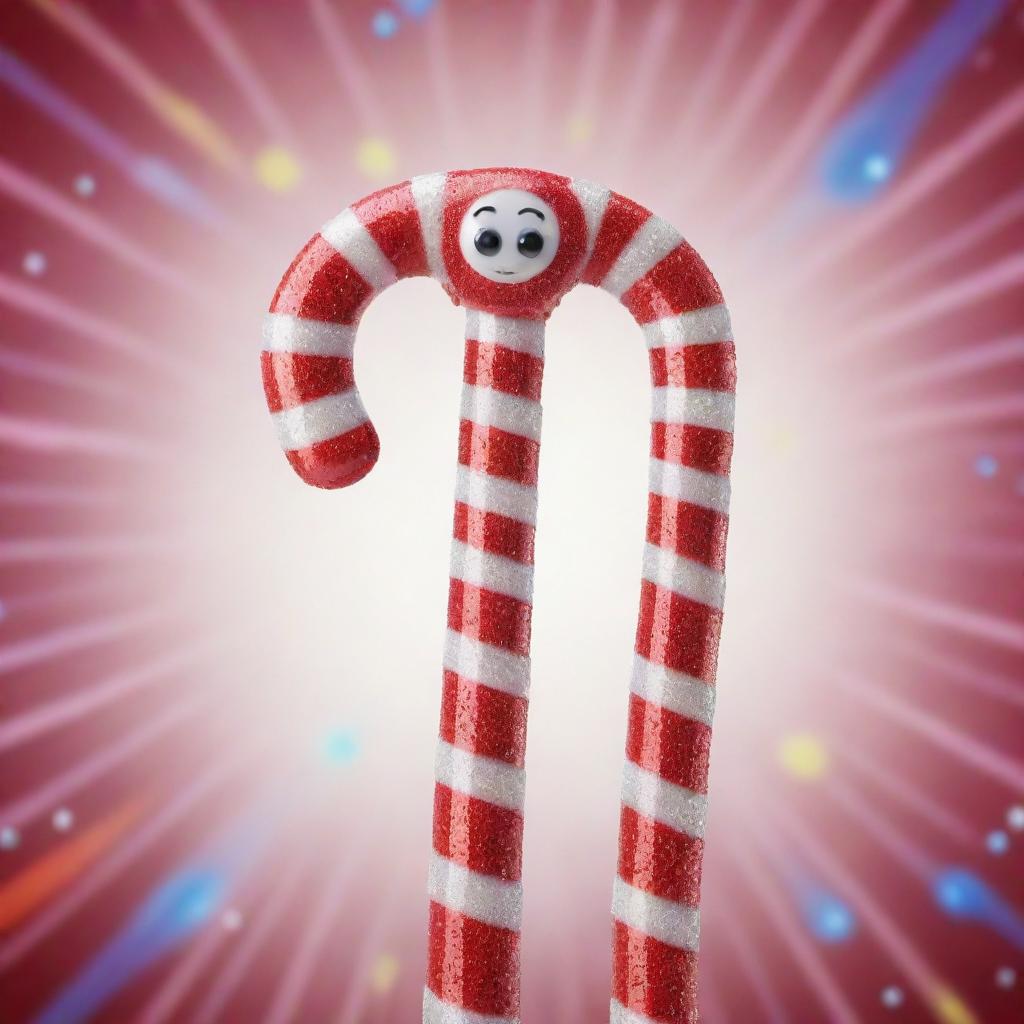 A joy-filled anthropomorphic candy cane, surrounded by sparkling glitters with its eyes reflecting pure happiness. The background explodes with a burst of celebratory colors enhancing the euphoria of the happiest candy cane.