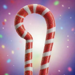 A joy-filled anthropomorphic candy cane, surrounded by sparkling glitters with its eyes reflecting pure happiness. The background explodes with a burst of celebratory colors enhancing the euphoria of the happiest candy cane.