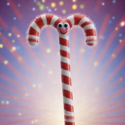 A joy-filled anthropomorphic candy cane, surrounded by sparkling glitters with its eyes reflecting pure happiness. The background explodes with a burst of celebratory colors enhancing the euphoria of the happiest candy cane.