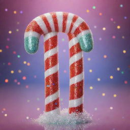 A joy-filled anthropomorphic candy cane, surrounded by sparkling glitters with its eyes reflecting pure happiness. The background explodes with a burst of celebratory colors enhancing the euphoria of the happiest candy cane.