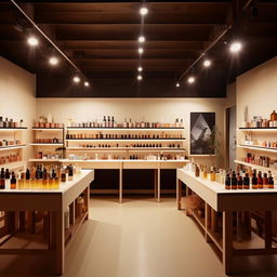 Intimate live perfume creation studio, 10 feet wide, 3 feet long, with interactive crafting tables, shelves of essential oils, and a cozy, immersive ambiance for customers.