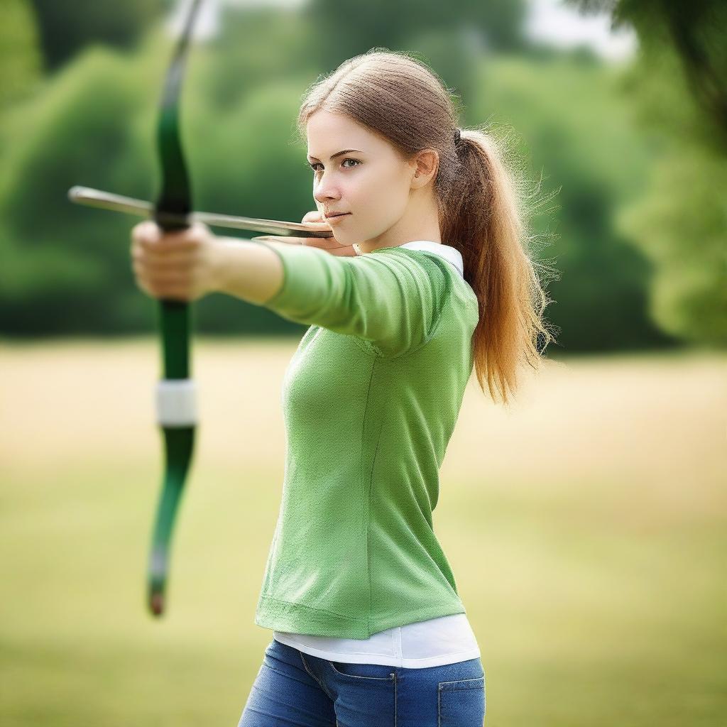 A high-quality image capturing a teenage girl engaged in the sport of archery