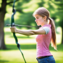 A high-quality image capturing a teenage girl engaged in the sport of archery