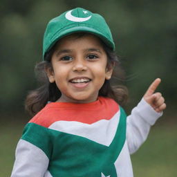 A cheerful young girl dressed in a garment resembling the Pakistani flag, wearing a cap symbolizing the Bangladesh flag and proudly holding an Indian flag.